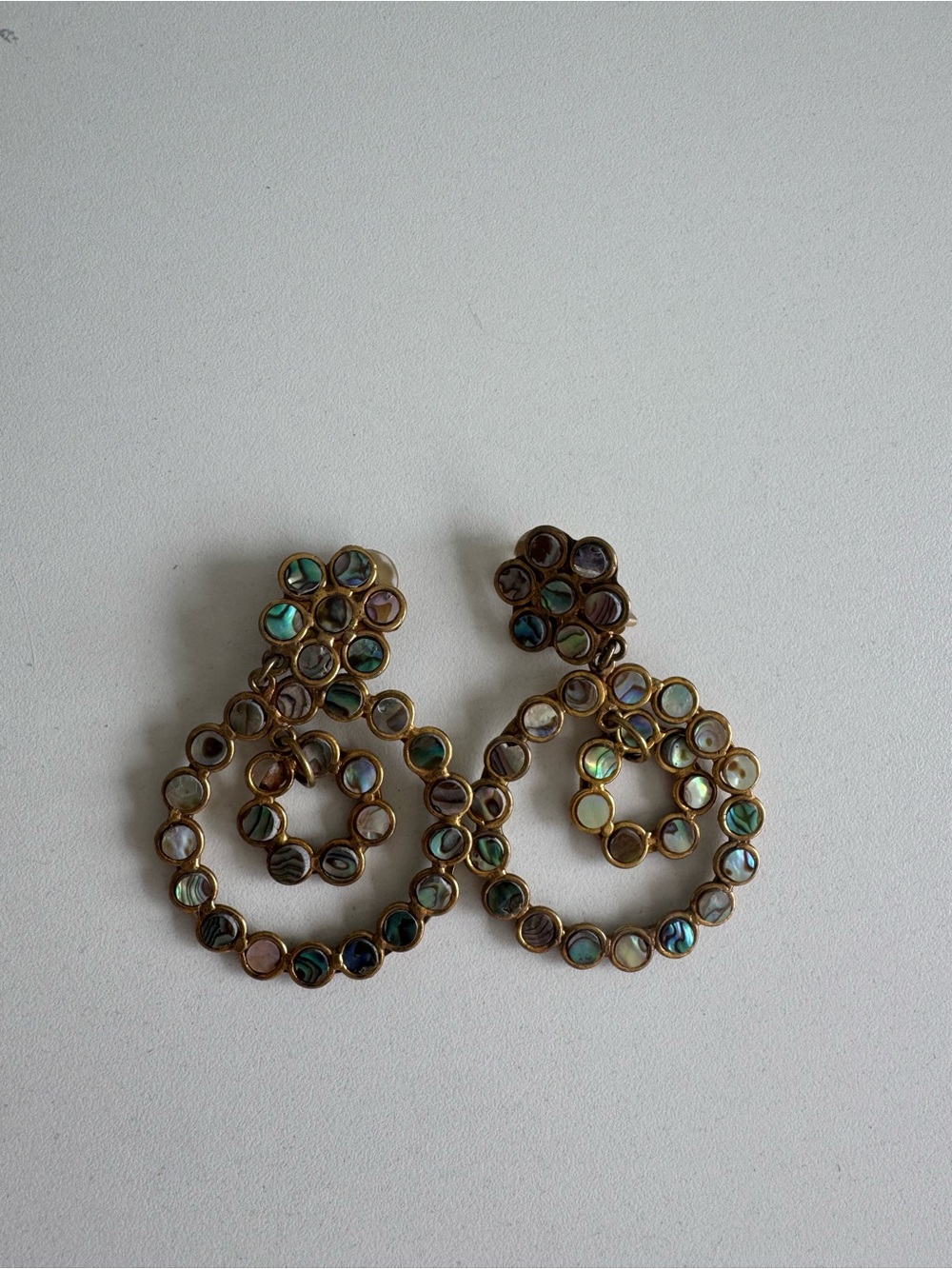 Vintage Abalone Shell Multi-Color Hoop Clip On Drop Earrings